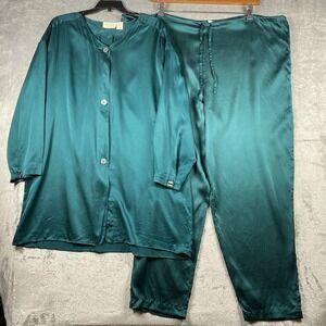 Vintage Victoria's Secret Pajama Set Womens Sz L Teal Green Gold Label 100% Silk